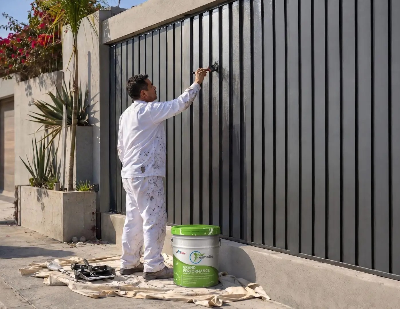 Maestro pintor aplicando Bioesmalte Grand Performance sobre un portón metálico en fachada residencial