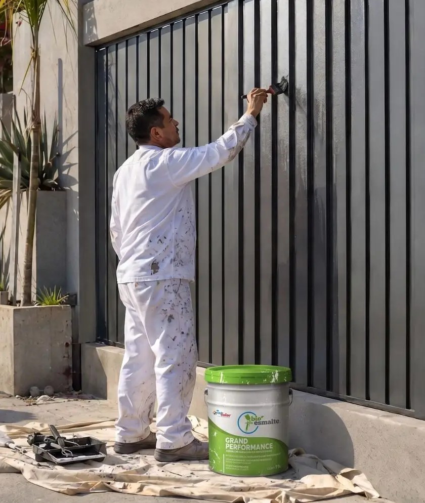 Maestro pintor aplicando Bioesmalte Grand Performance sobre un portón metálico